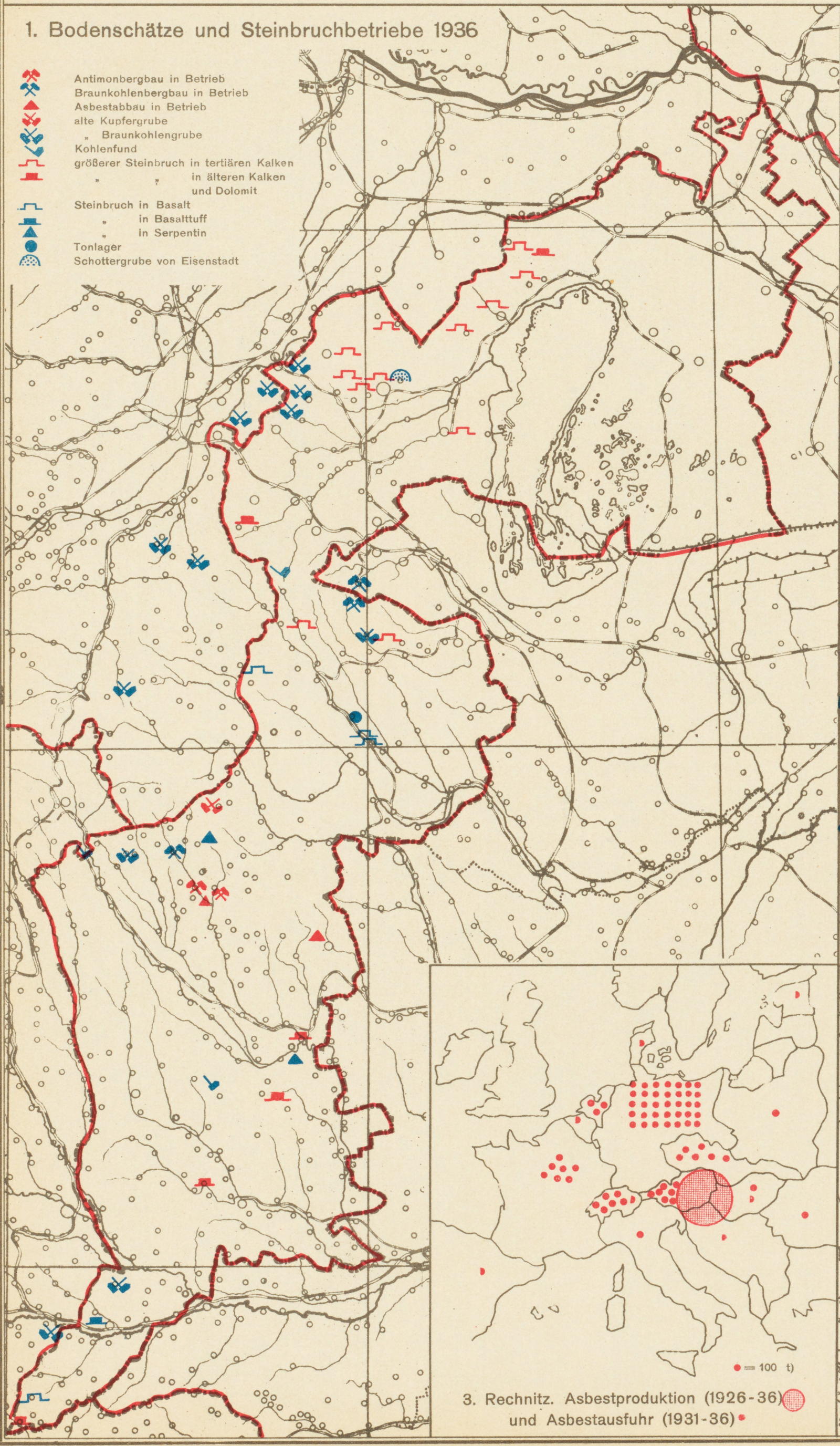 Karte 3 az 1941-es Burgenland-Atlaszból (Bodo / Winkler-Hermaden): dokumentálja az 1926–1936 közötti rohonci azbesztprodukciót és az 1931–1936 közötti azbesztkivitelt a Berlin–Brandenburg-térségbe (dominánsan), Dél-Németországba, Bajorországba, Franciaországba és Olaszországba.
