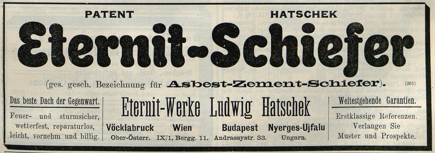 Historical newspaper advertisement for Eternit from 1905.