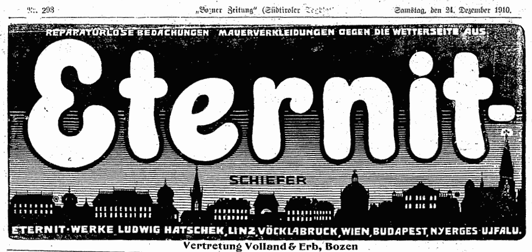 Historical Eternit advertisement from the Bozner Zeitung of 1910.