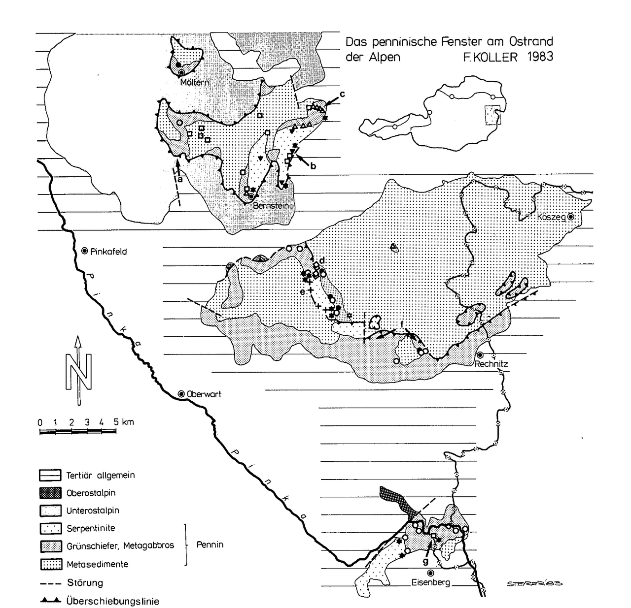 Geological map of the Penninic window at the eastern margin of the Alps after Koller 1985: the windows of Möltern, Bernstein, Rechnitz and Eisenberg with serpentinite, greenschist/metagabbro and metasediments, framed by the Austroalpine nappes.